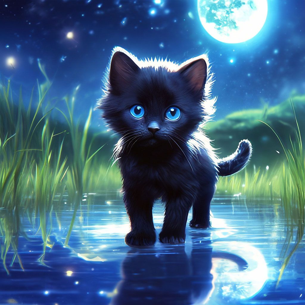 1024x1024 Cute cat, black kitten with blue eyes, cute, affectionate, fluffy, adorable baby, walking on water, grass visible, cosmic