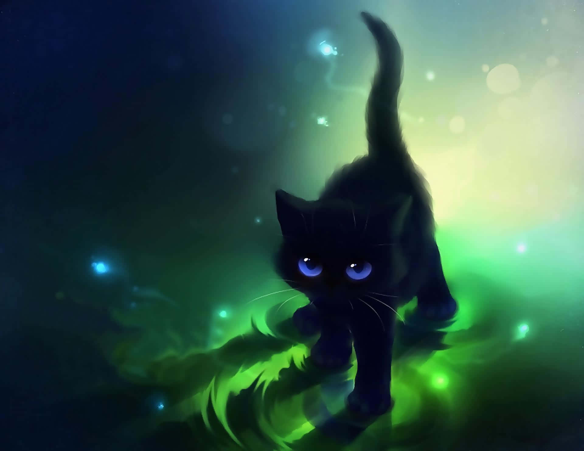 1920x1483 Download free A Black Cat With Blue Eyes Walking On A Green Background Wallpaper