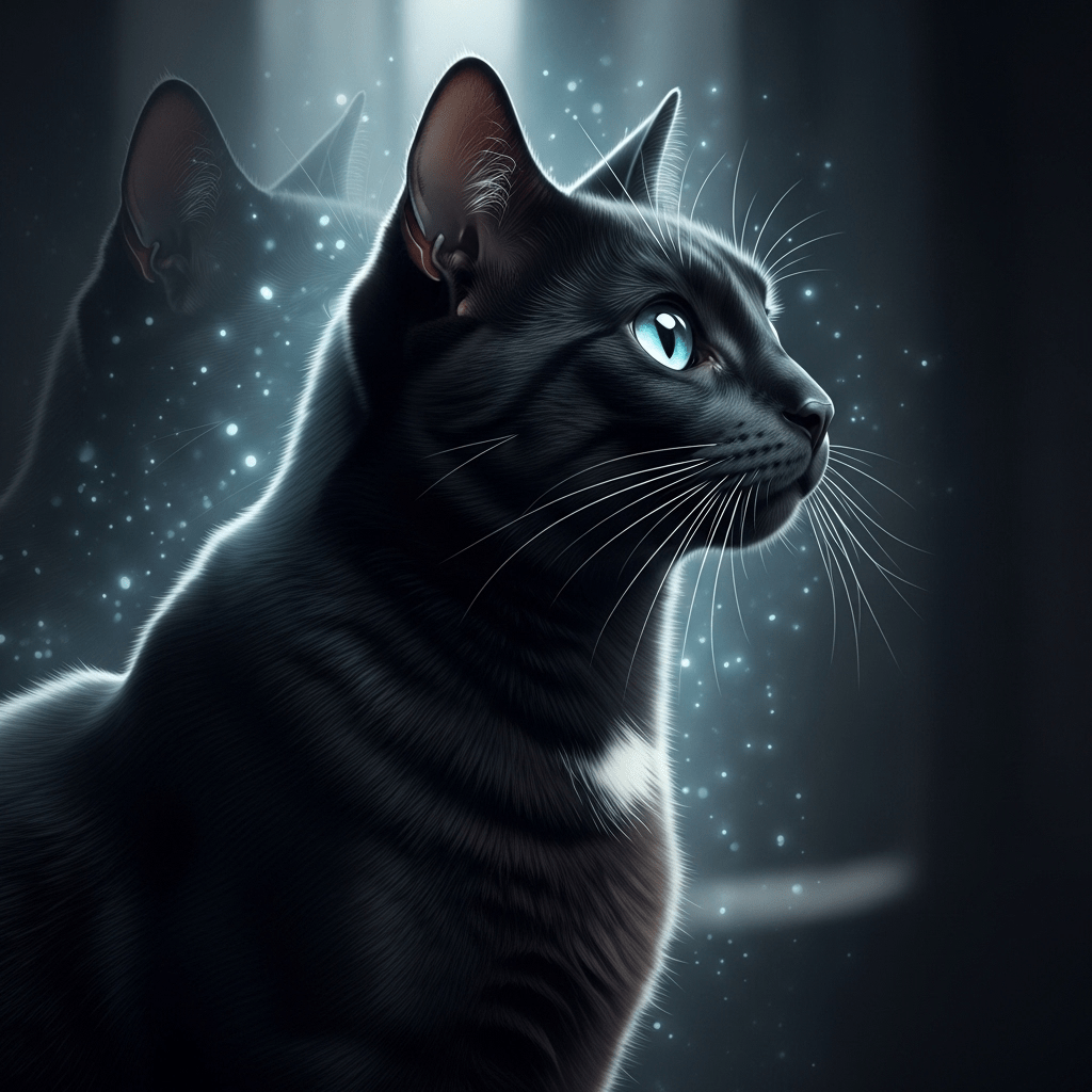1024x1024 Ghosting Effect Black Cat With Blue Eyes Side View. AI Art Generator. Easy Peasy.AI
