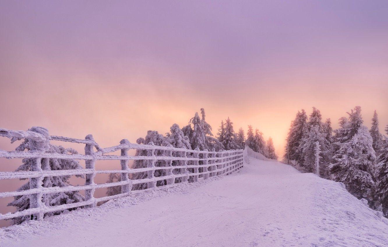 1332x850 Wallpaper winter, road, snow, trees, sunset, the fence, Romania, Romania, Brasov, Brasov image for desktop, section пейзажи