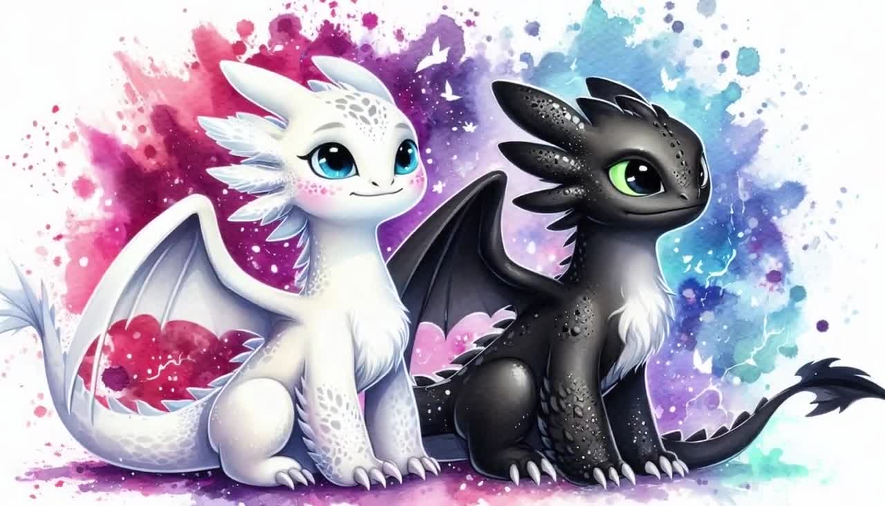 1280x732 Cartoon Night Fury and Light Fury Watercolor 5 PNG Toothless Design for Sublimation Png 300DPI High Resolution Png Tshirt Mug Tumpler