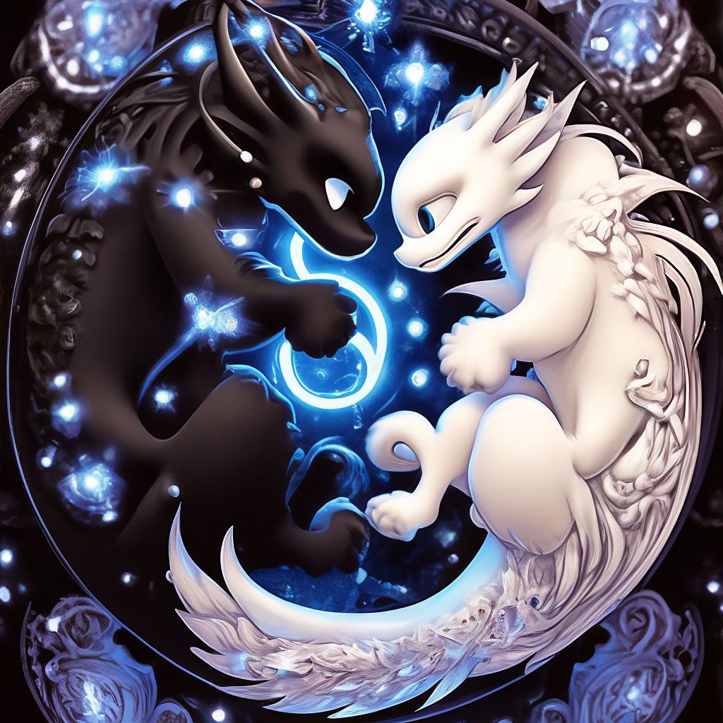 1024x1024 Upside Down View, Pixar Night Fury, Book Illustration, Epic Yin Yang In The Form Of A Black Toothless And White