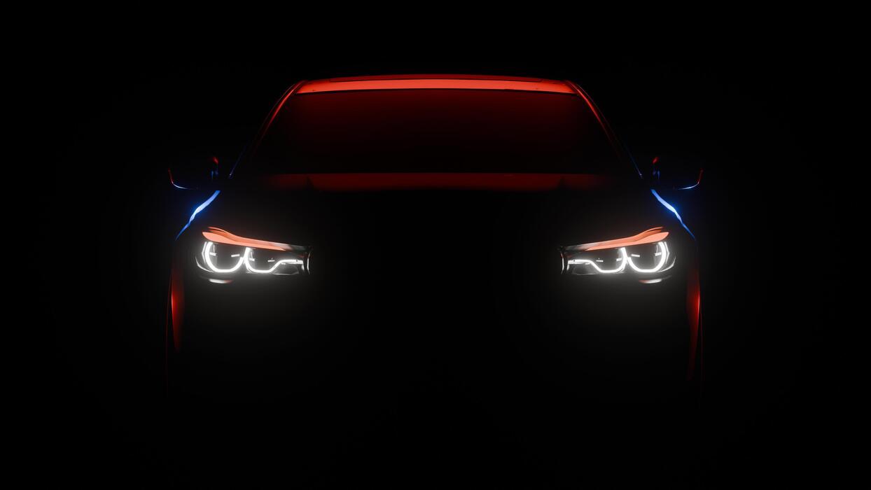 1244x700 3D Rendered Super car Cinematic front view in dark background, sport car headlights blinking in dark with a red and blue light