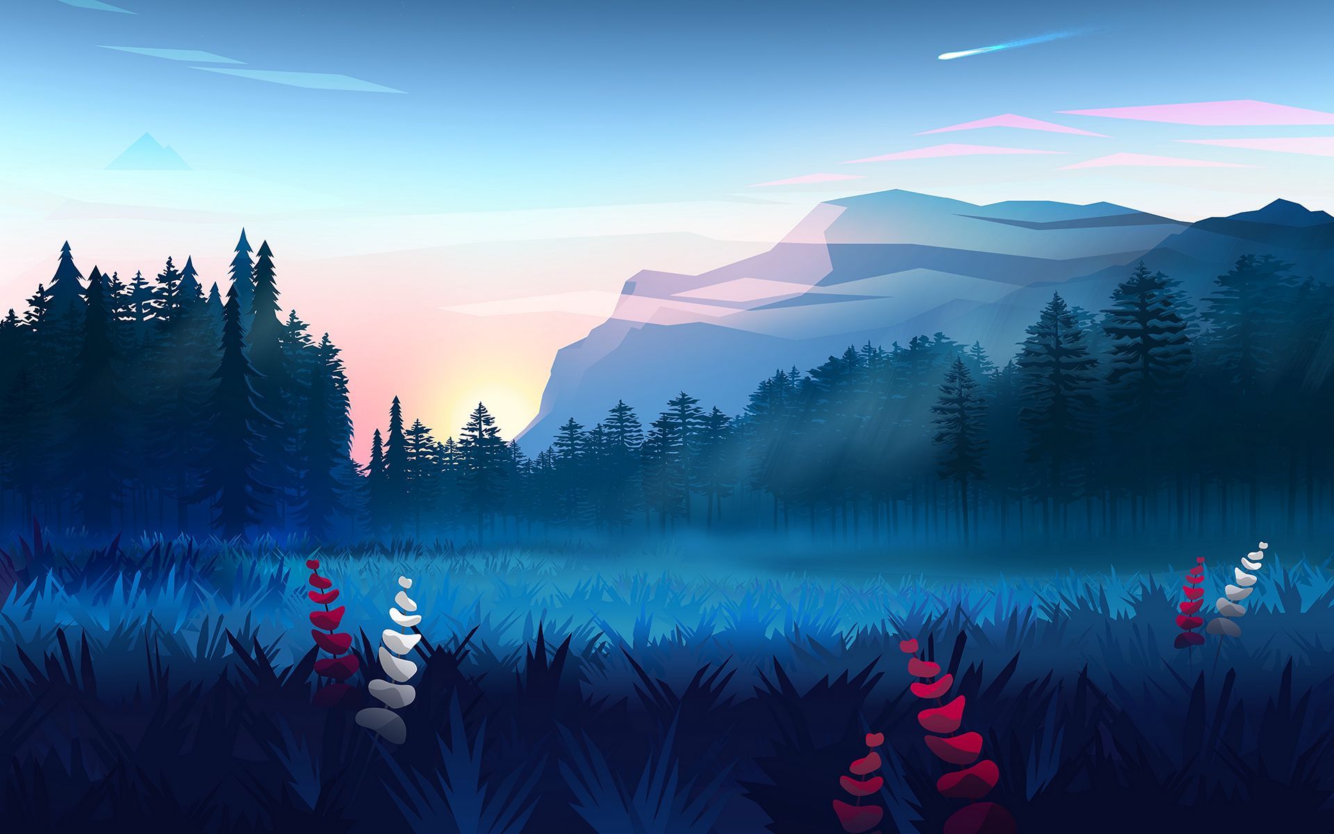 1920x1200 Download wallpaper 1920x1200 lawn, forest, mountains, fog, landscape, art widescreen 16:10 HD background