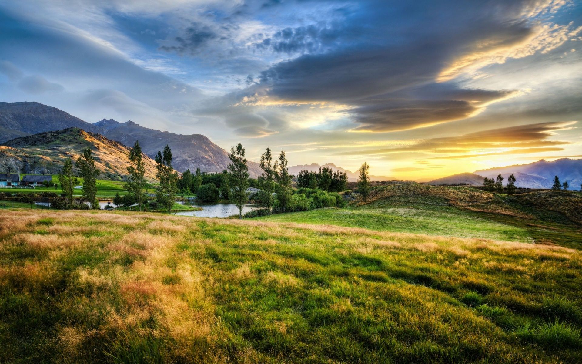 1920x1200 Wallpaper landscape, New Zealand, sunset, mountains for mobile and desktop, section природа, resolution 1920x1200
