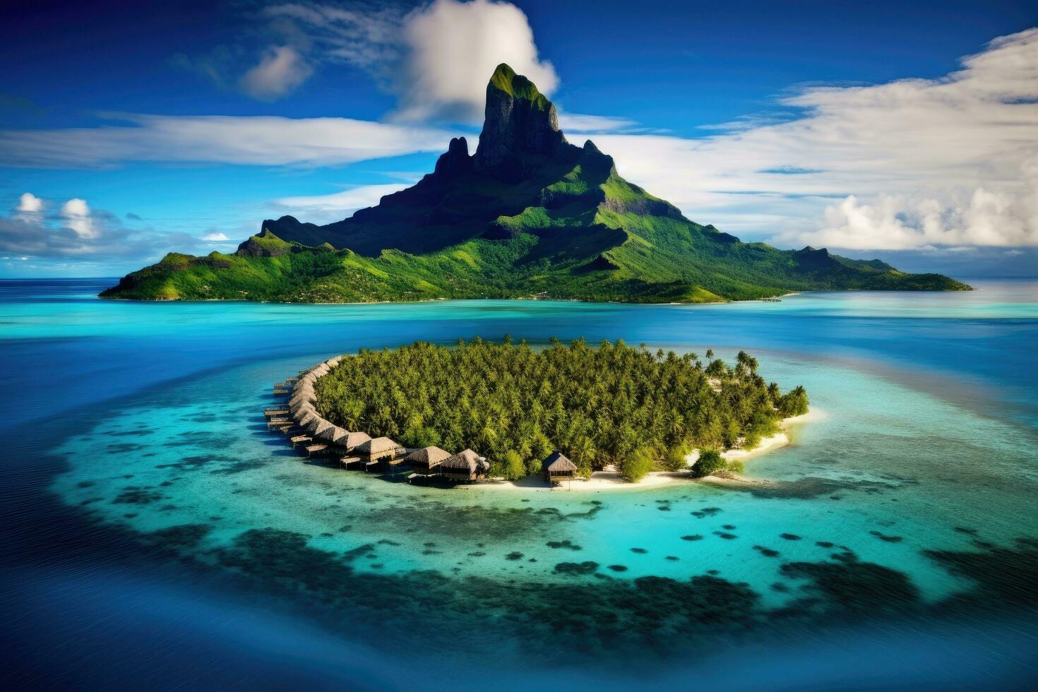 1470x980 Tropical island with palm trees and small island in the ocean, Bora bora aerial view, tahiti french polynesia, AI Generated