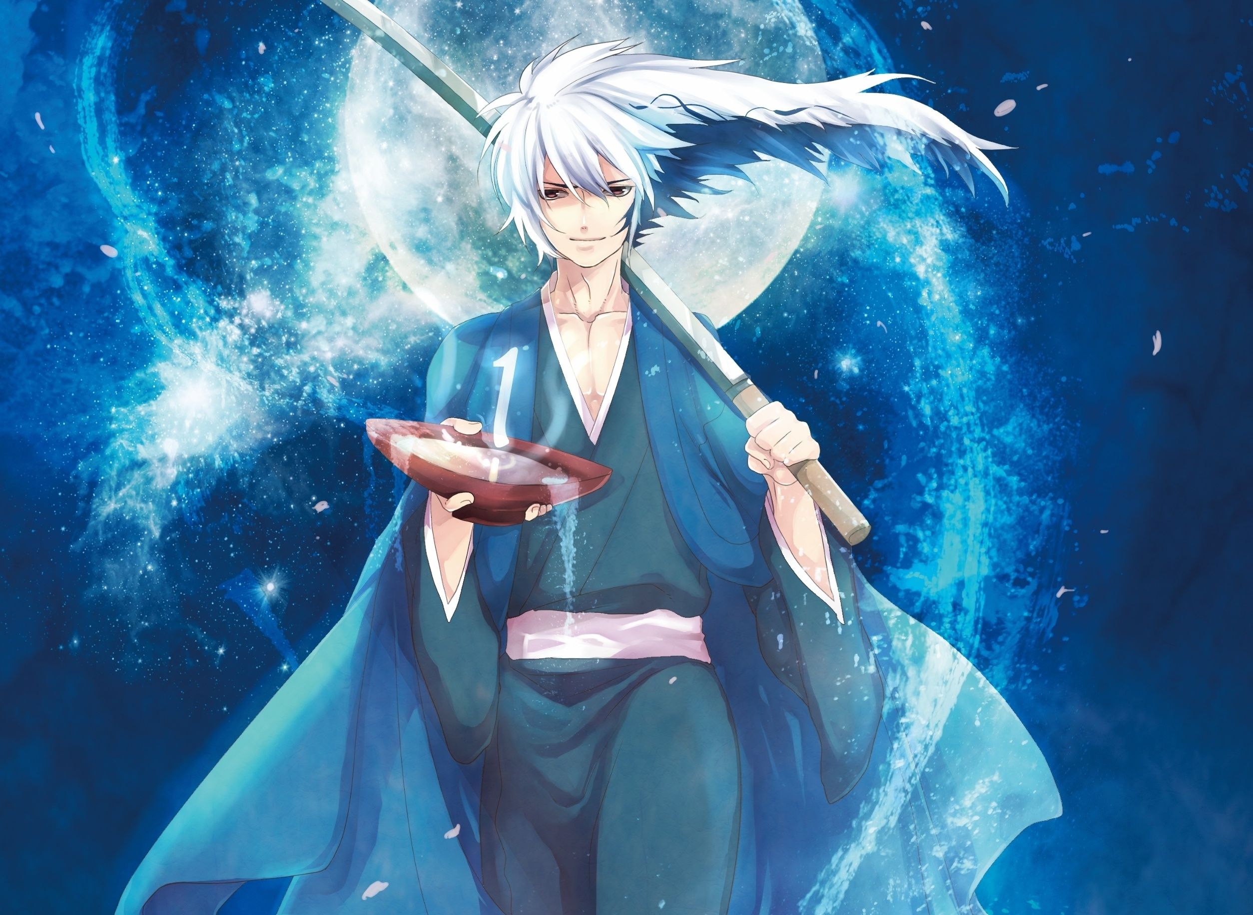 2508x1832 Wallpaper water, night, weapons, the moon, katana, anime, art, guy for mobile and desktop, section аниме, resolution 2508x1832