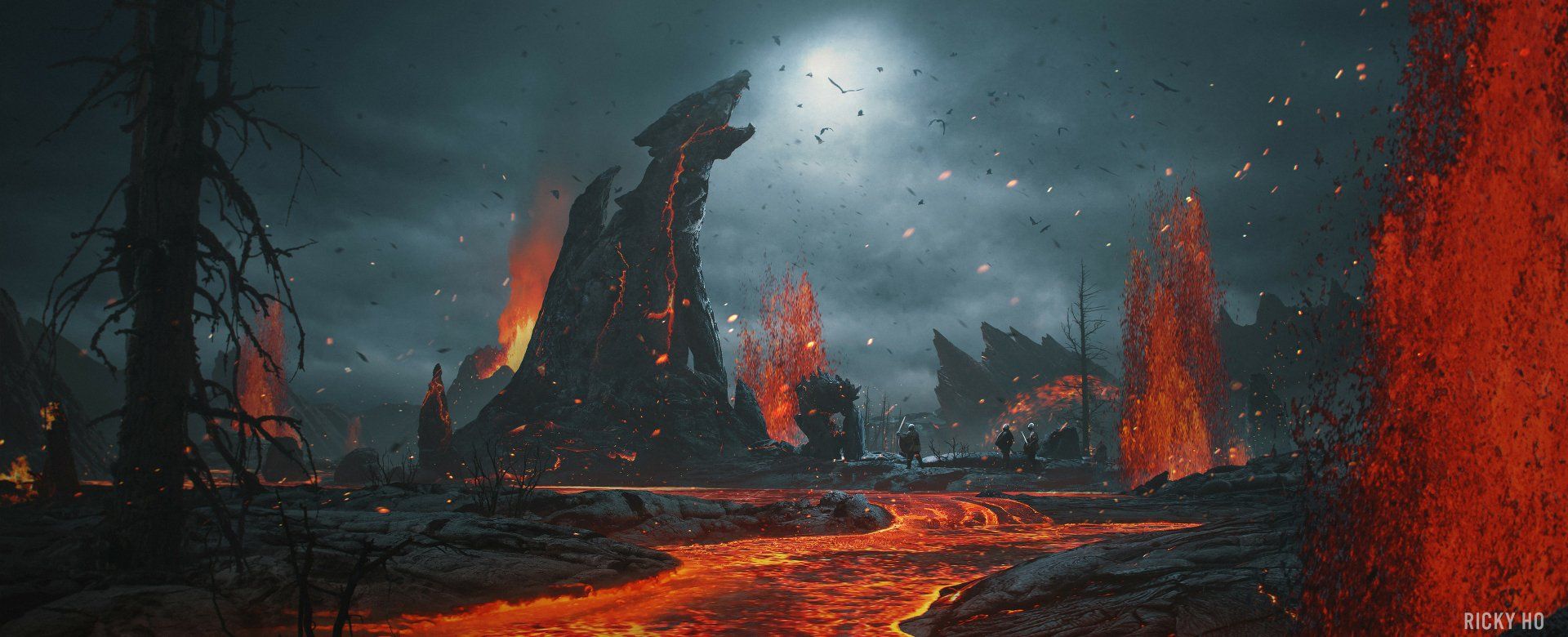 1920x780 Epic Fantasy Battle: Lava and Flames HD Wallpaper