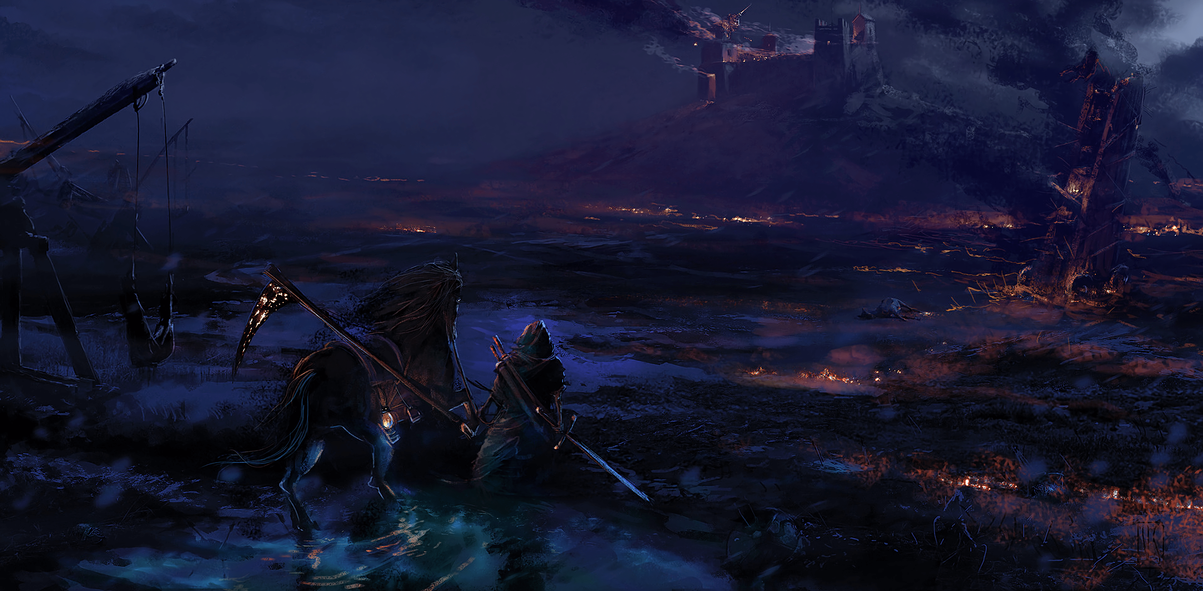 4022x1978 Dark Fantasy Warrior Approaches the Castle on Horseback