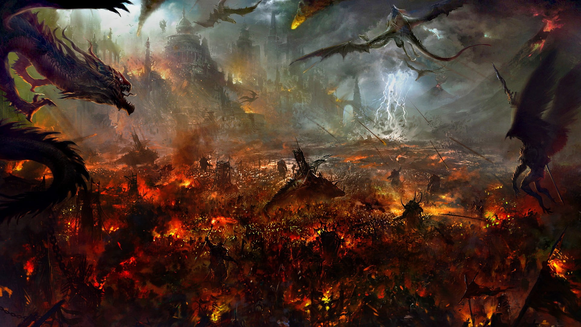 1920x1080 Red dragon illustration, dragon, fantasy art, war, battle HD wallpaper