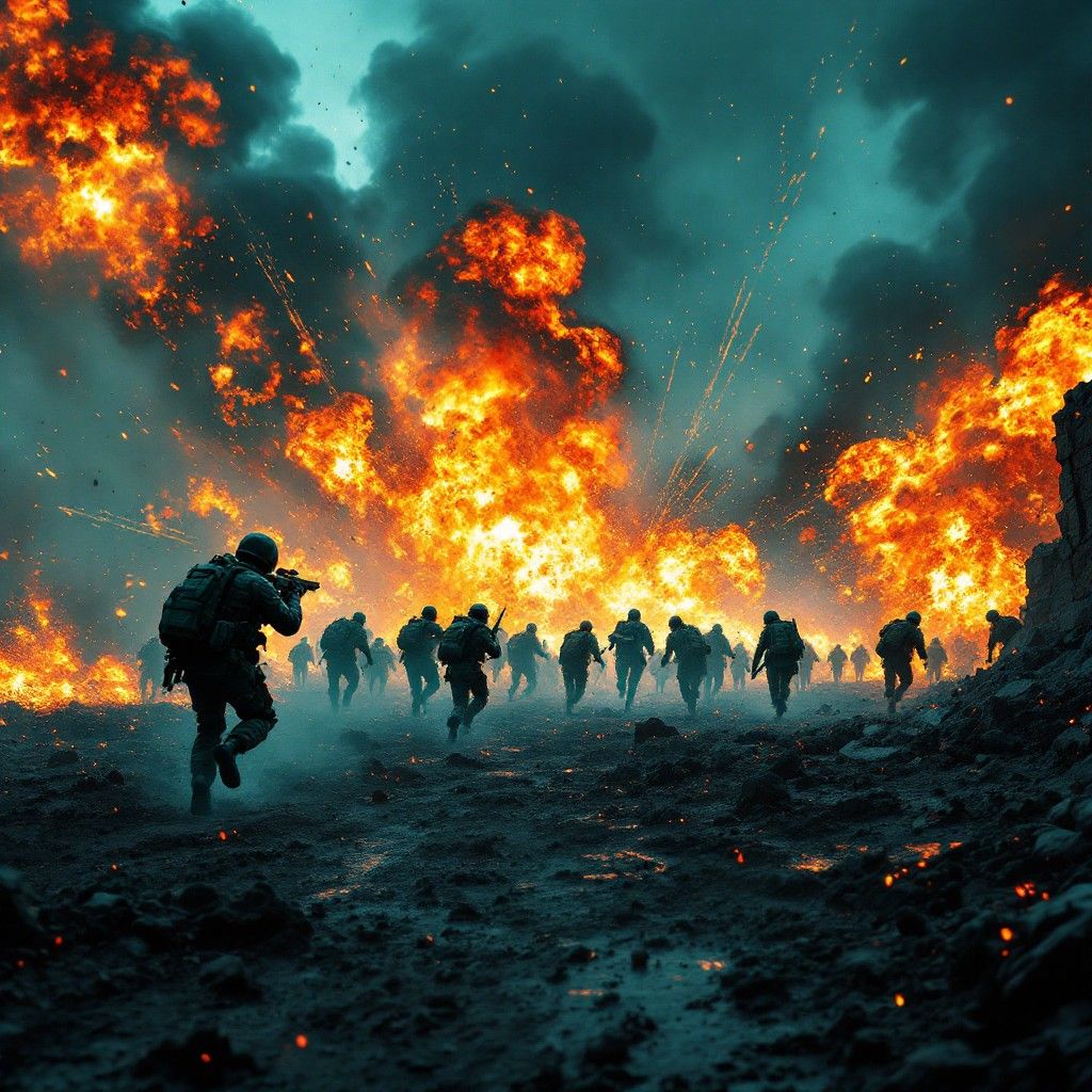 1024x1024 Download Dynamic Battle Scene Image, Soldiers, Explosions
