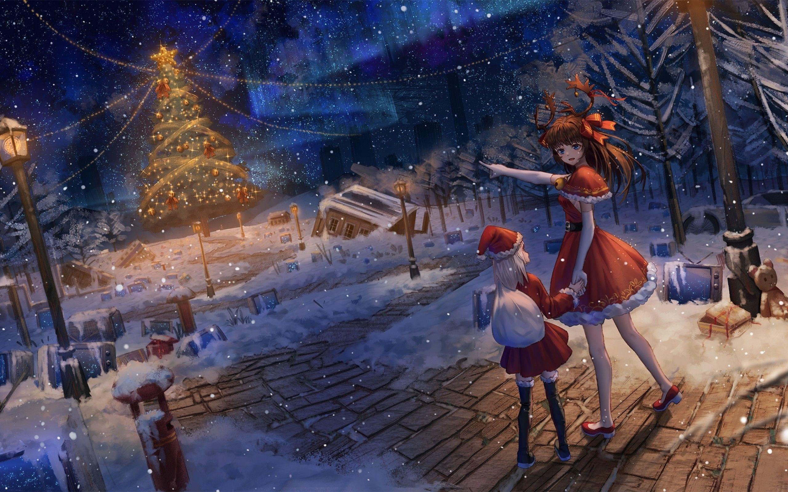 2560x1600 Download 2560x1600 Anime Christmas Santa Clothes, Tree, Snow, Scenic Wallpaper for MacBook Pro 13 inch
