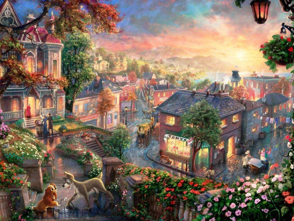 1024x768 Lady & The Tramp wallpaper. Disney paintings, Kinkade disney, Thomas kinkade disney