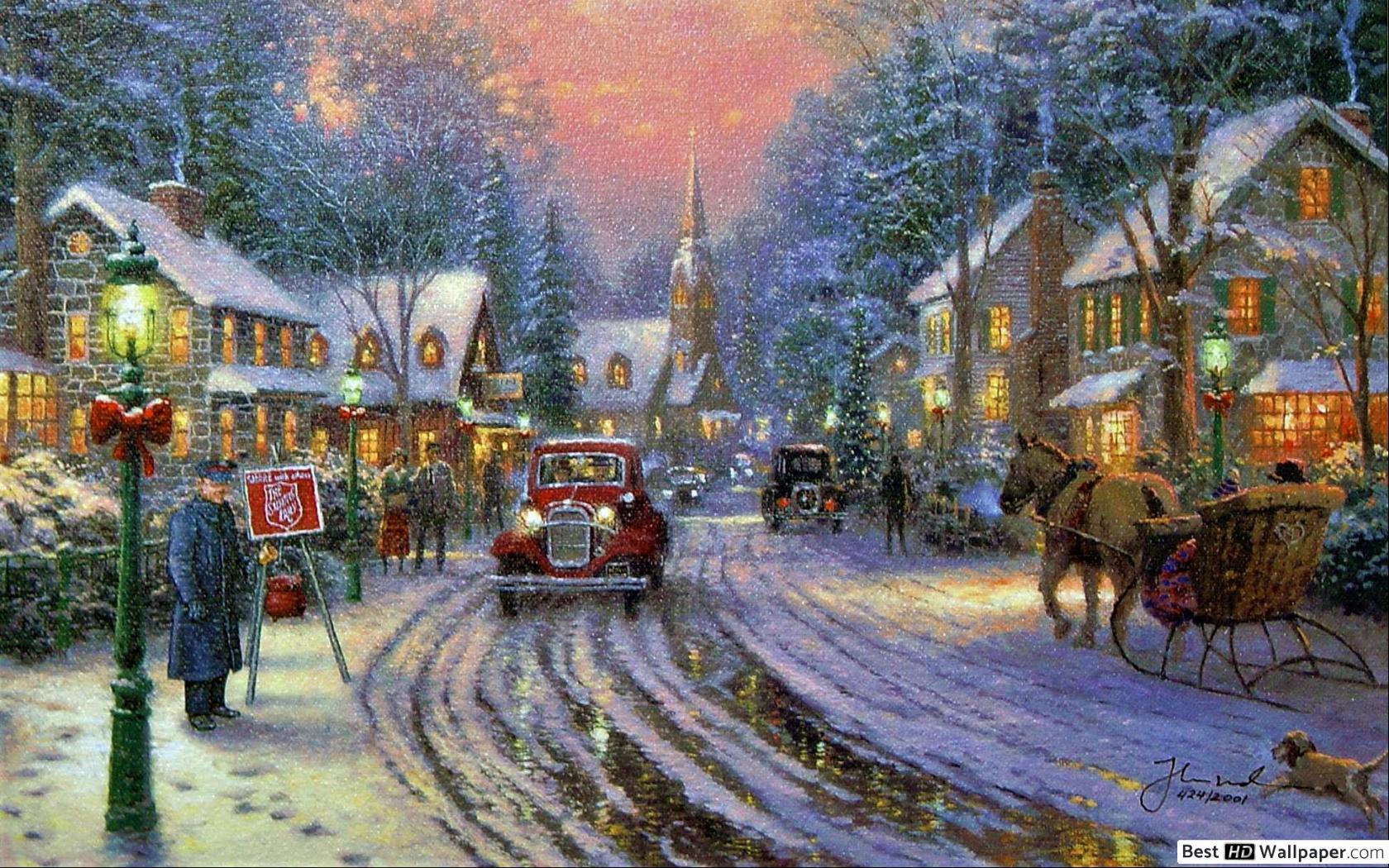 1680x1050 Christmas Painting by Thomas Kinkade HD wallpaper download