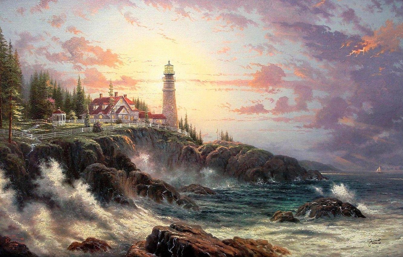 1332x850 Wallpaper wave, shore, lighthouse, house, thomas kinkade image for desktop, section пейзажи