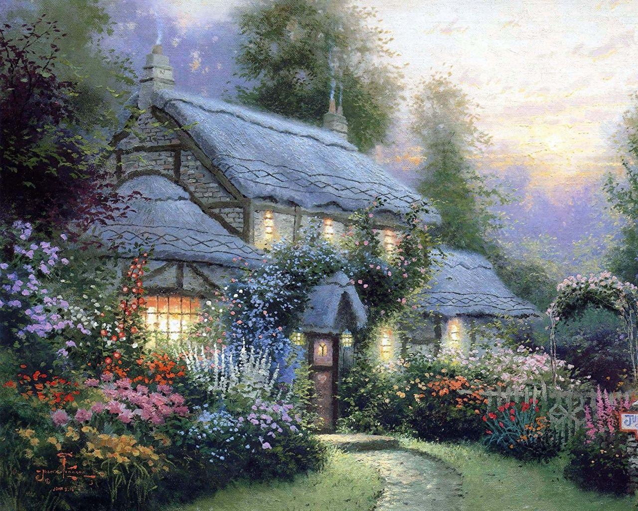 1280x1024 Wallpaper Thomas Kinkade juliannes cottage Pictorial art