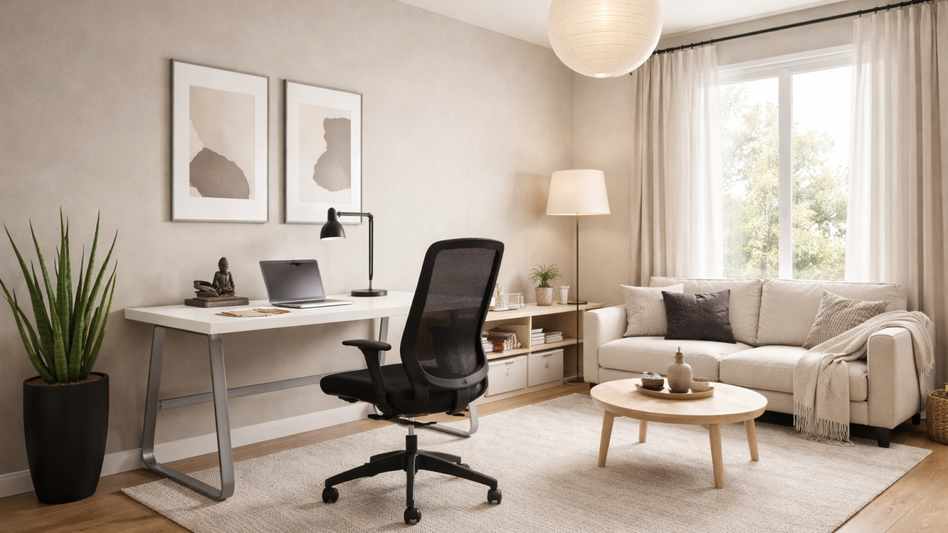1920x1080 A modern, calming workspace with clean lines. • Kichechef
