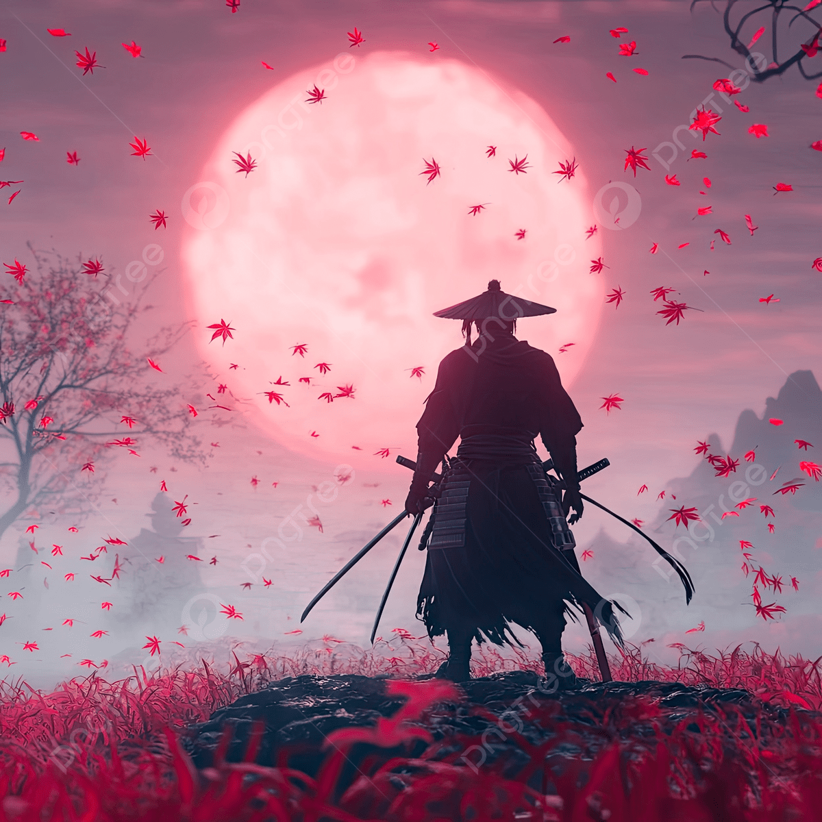 1200x1200 A Samurai Standing On Top Of The World With Red Leaves Falling From Sky And An Ominous Moon In Background, Samurai, Standing, Top Background Image And Wallpaper for Free Download