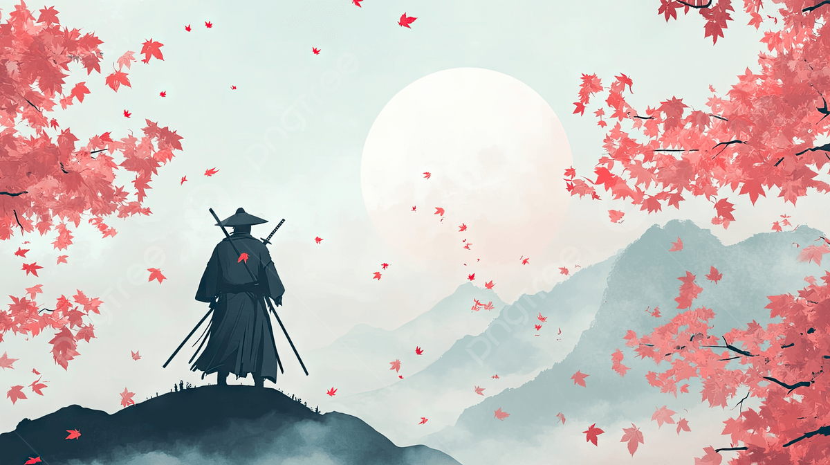 1200x672 A Samurai Standing On Top Of The World With Red Leaves Falling From Sky And An Ominous Moon In Background, Samurai, Standing, Top Background Image And Wallpaper for Free Download