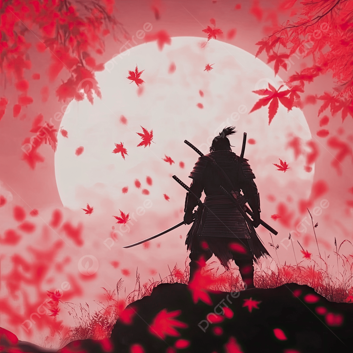 1200x1200 A Samurai Standing On Top Of The World With Red Leaves Falling From Sky And An Ominous Moon In Background, Samurai, Standing, Top Background Image And Wallpaper for Free Download