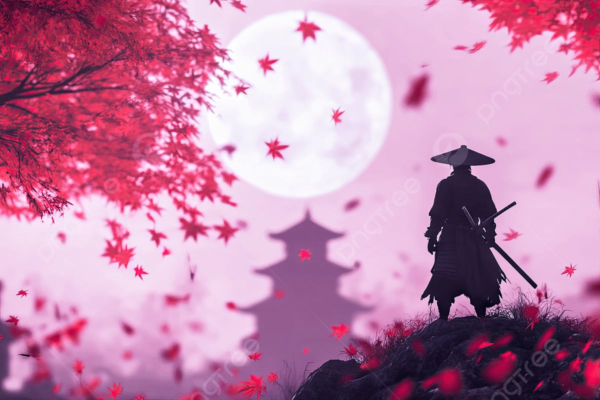 1200x800 A Samurai Standing On Top Of The World With Red Leaves Falling From Sky And An Ominous Moon In Background, Samurai, Standing, Top Background Image And Wallpaper for Free Download