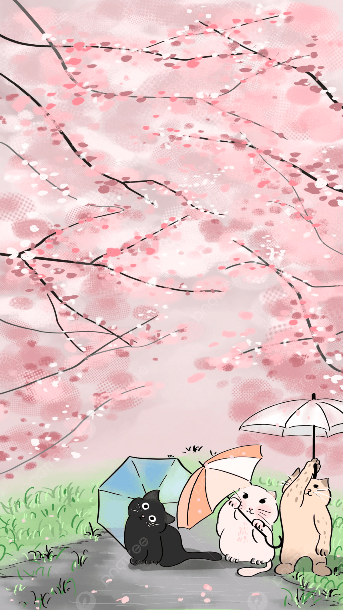 1200x2133 Cute Kitten Cherry Blossom Background Wallpaper Hand Drawn Illustration Wallpaper Image For Free Download