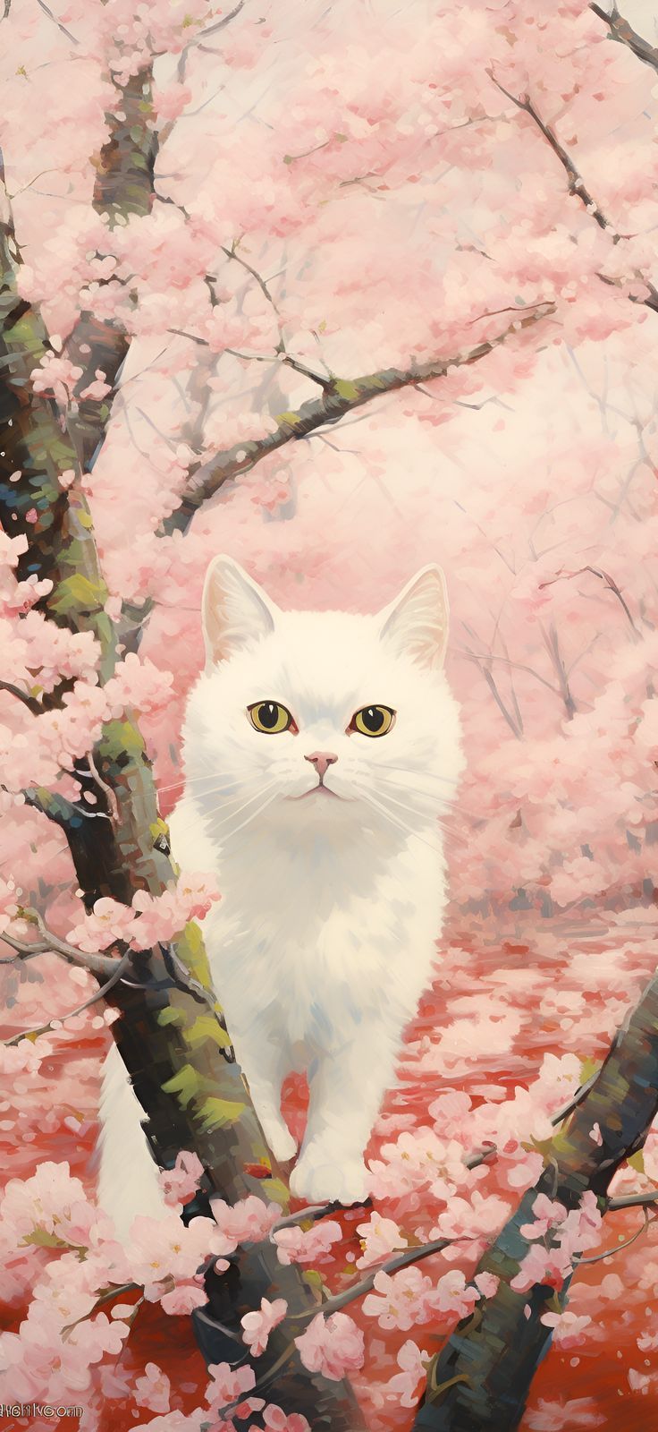 736x1600 White Cat in Cherry Blossom Field Wallpaper iPhone