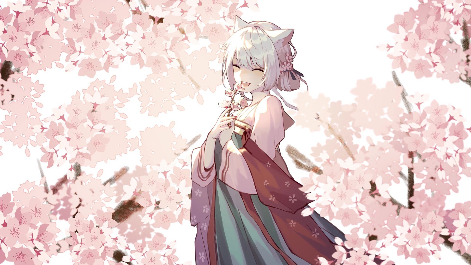 1920x1080 Anime Cat Girl With A Lovely Smile Cherry Blossom Live Wallpaper