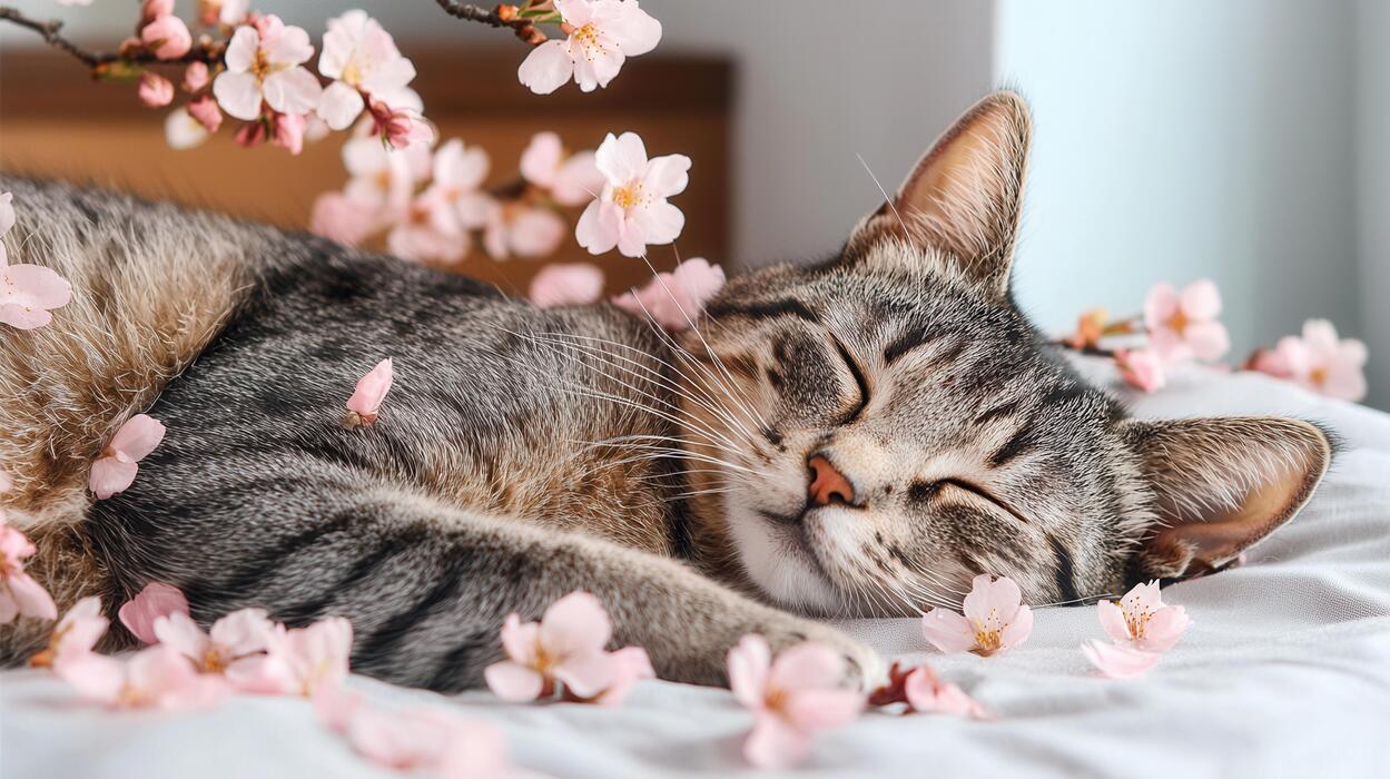 1249x700 Adorable Ginger Cat Napping Amidst Pink Cherry Blossoms Peaceful Spring Scene