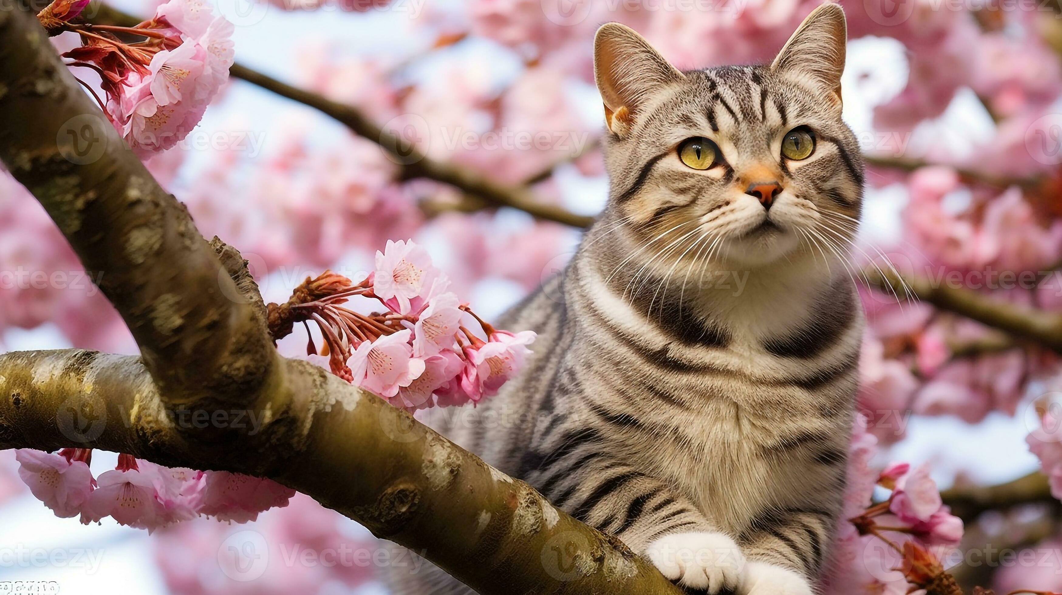 3497x1960 American shorthair cat standing on cherry blossom branch.Generative Ai