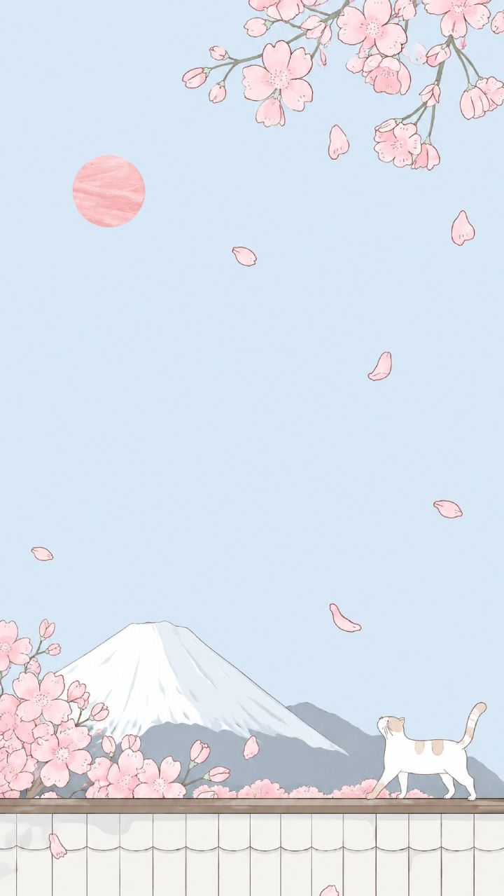 720x1279 Mount Fuji Cherry Blossom Cat Phone Wallpaper : Cute Sakura Japanese Aesthetic Background