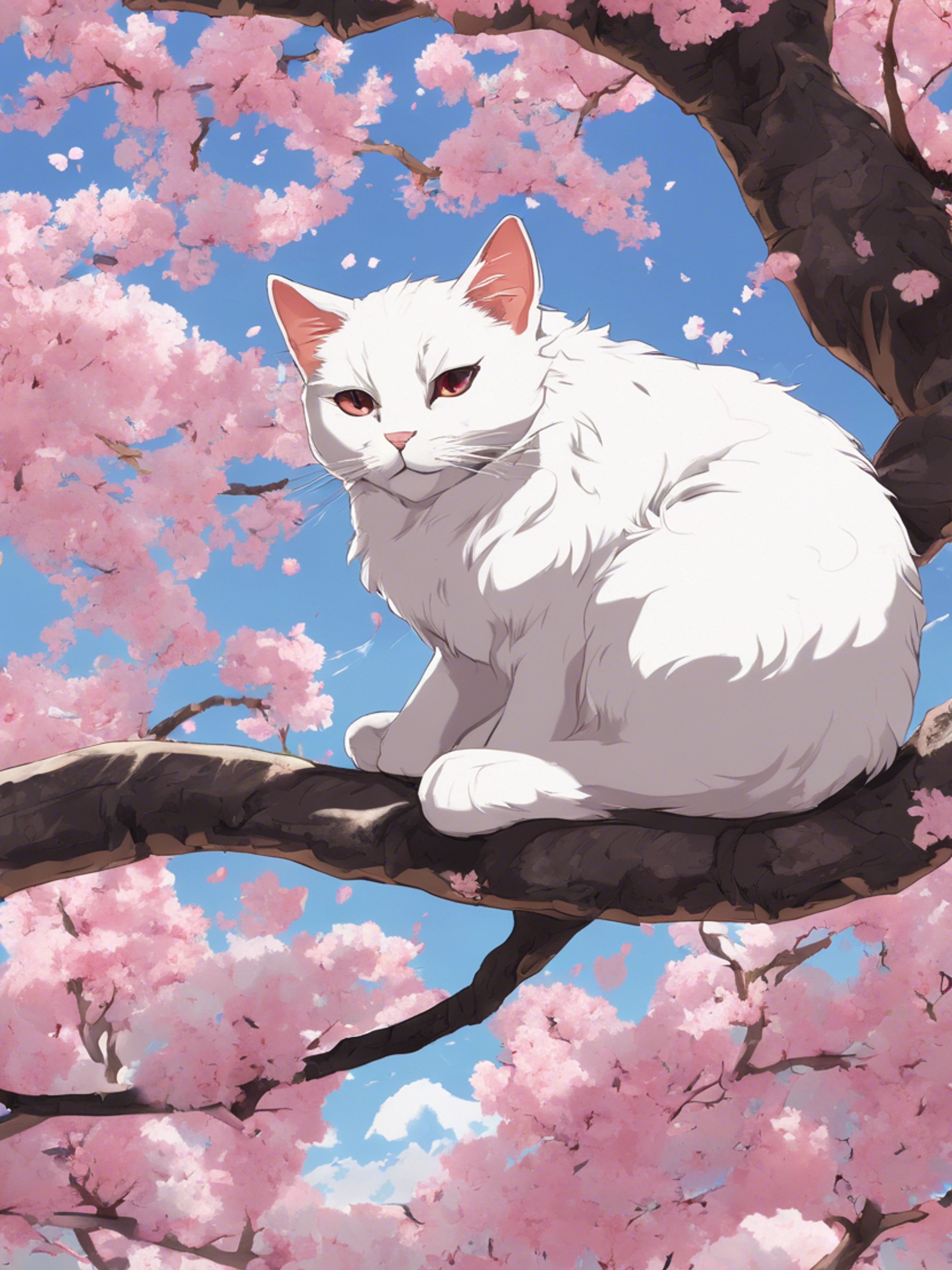 2880x3840 A Solitary White Furred Anime Cat Resting Under A Cherry Blossom Tree. Wallpaper [a83425b74bfc469582b0] By Wallpaper HD