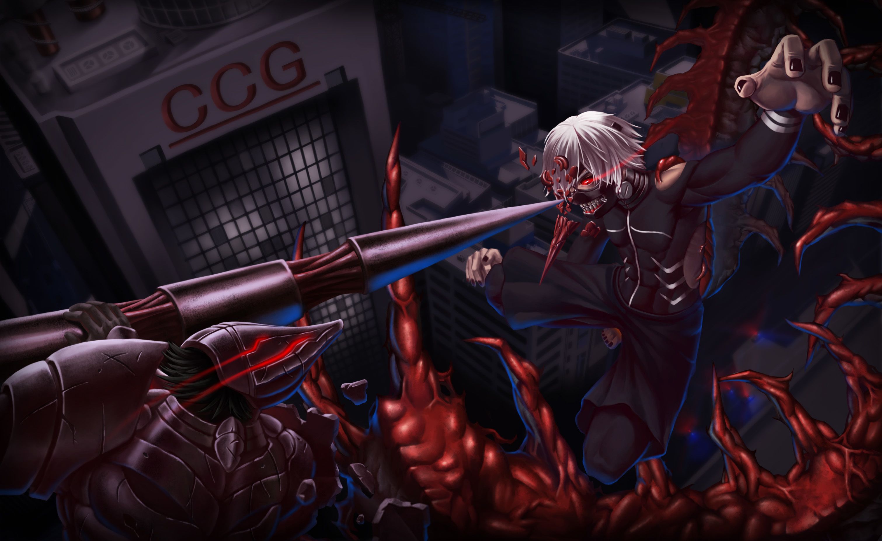 3021x1855 Wallpaper night, the city, weapons, mask, claws, guy, the battle, art for mobile and desktop, section сэйнэн, resolution 3021x1855