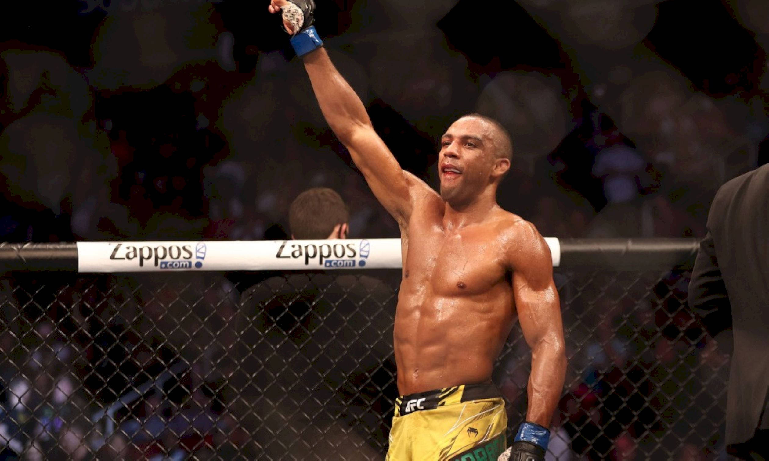2520x1512 Download Edson Barboza triumphantly raising his arm in the ring Wallpaper