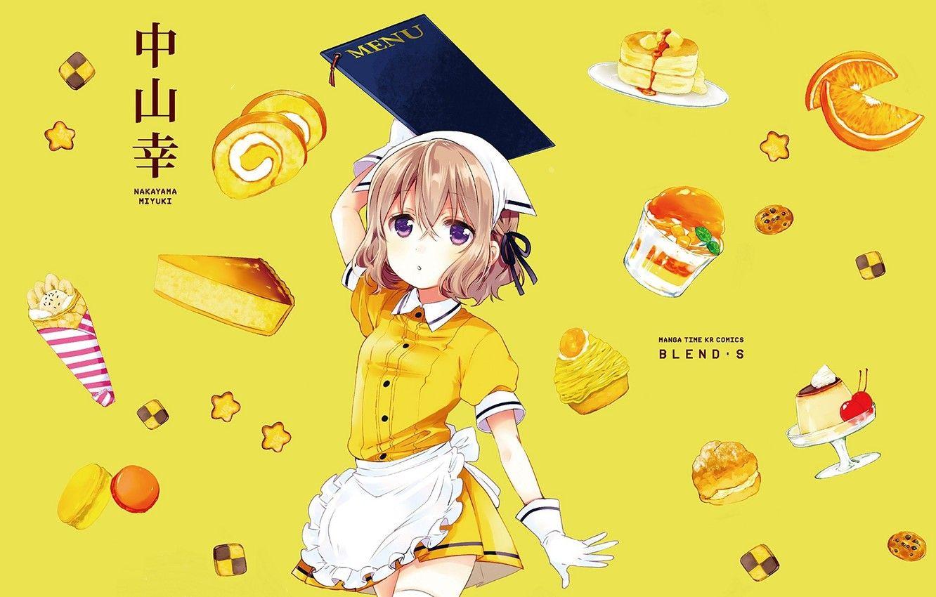 1332x850 Wallpaper orange, sweets, gloves, the waitress, solitaire, yellow background, menu, cookies, apron, pudding, macaroni, roll, Blend S, a piece of cake, by Nakayama Miyuki, Mafuyu Hoshikawa image for desktop, section сёдзё