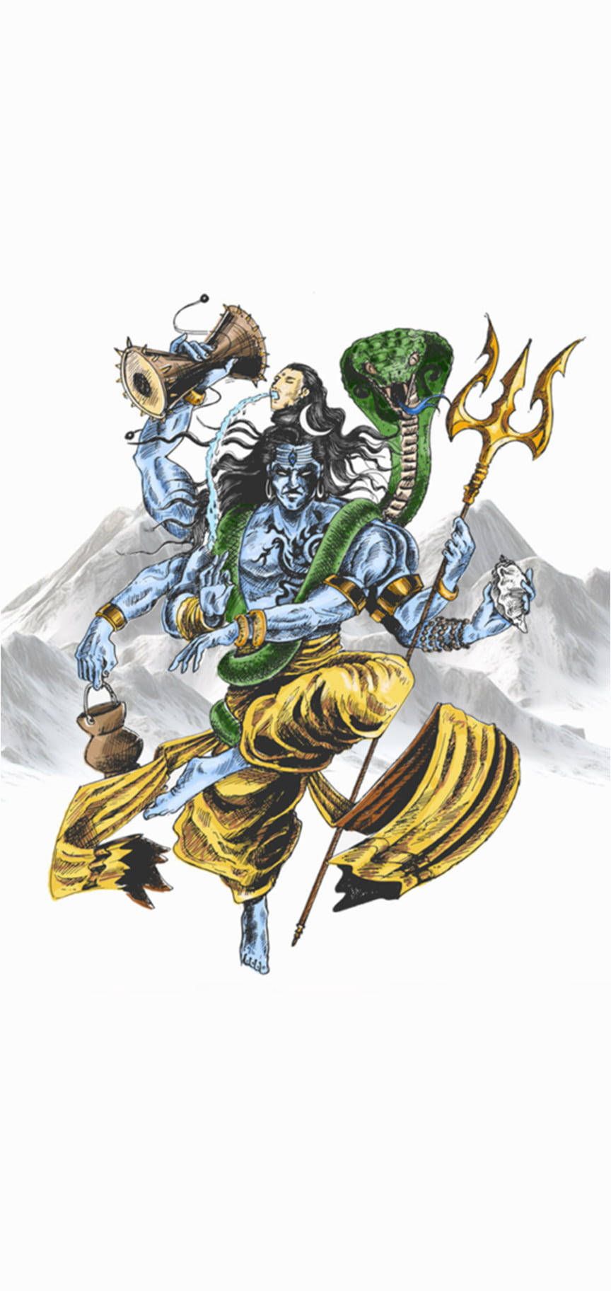 864x1824 Download Shiv Tandav Shiva Colored Sketch Wallpaper