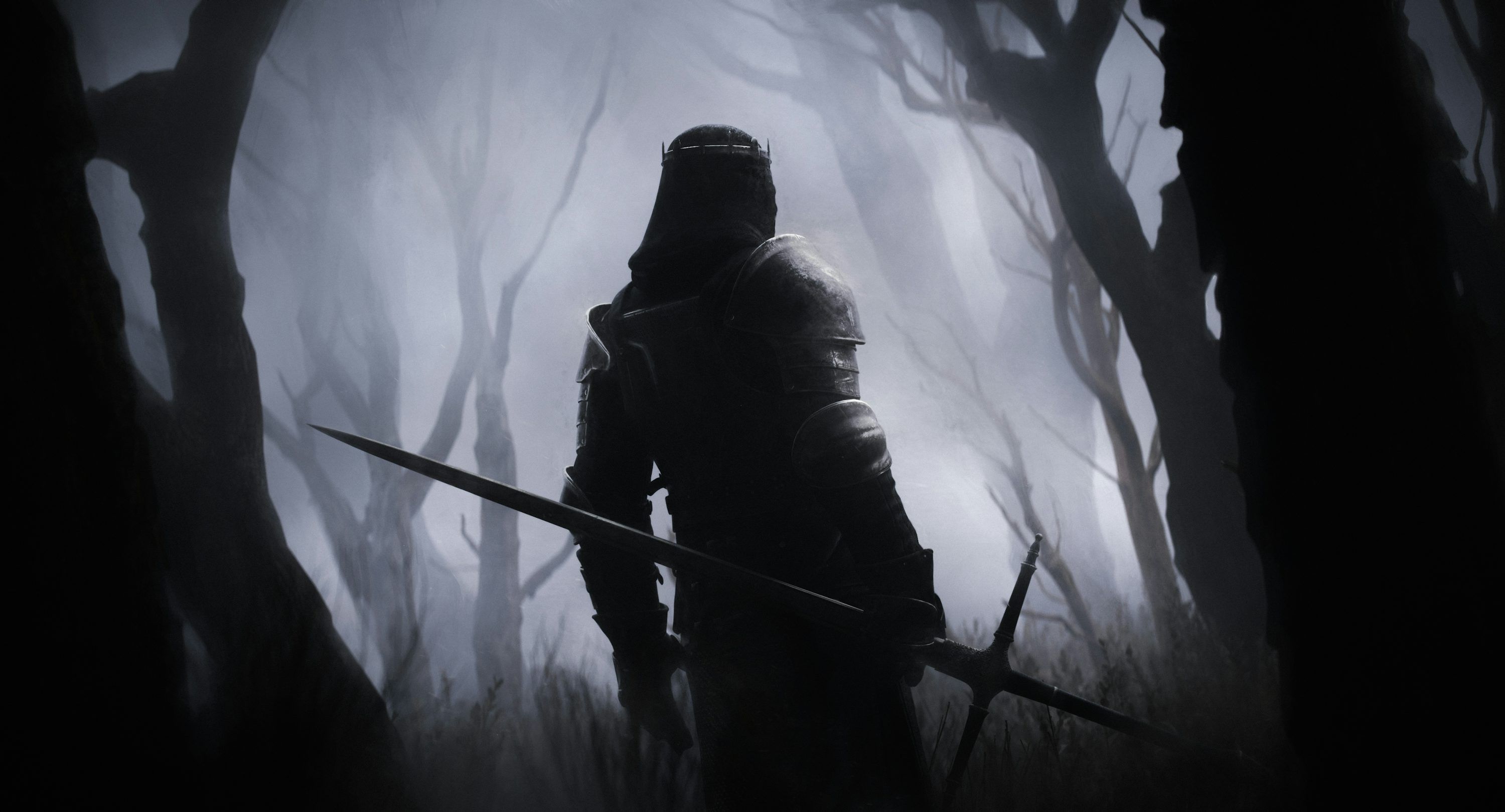 3000x1620 A man in a hooded suit holding a sword in a dark forest