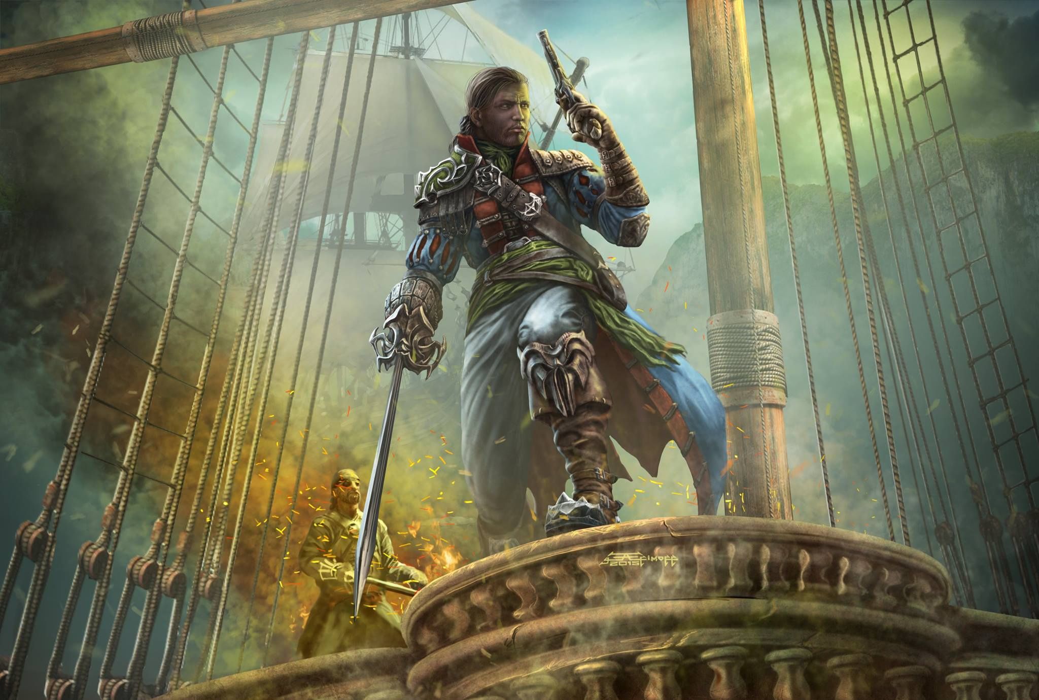 2048x1380 Epic Fantasy Pirate: Dual Wielding Sword & Gun HD Wallpaperx1380