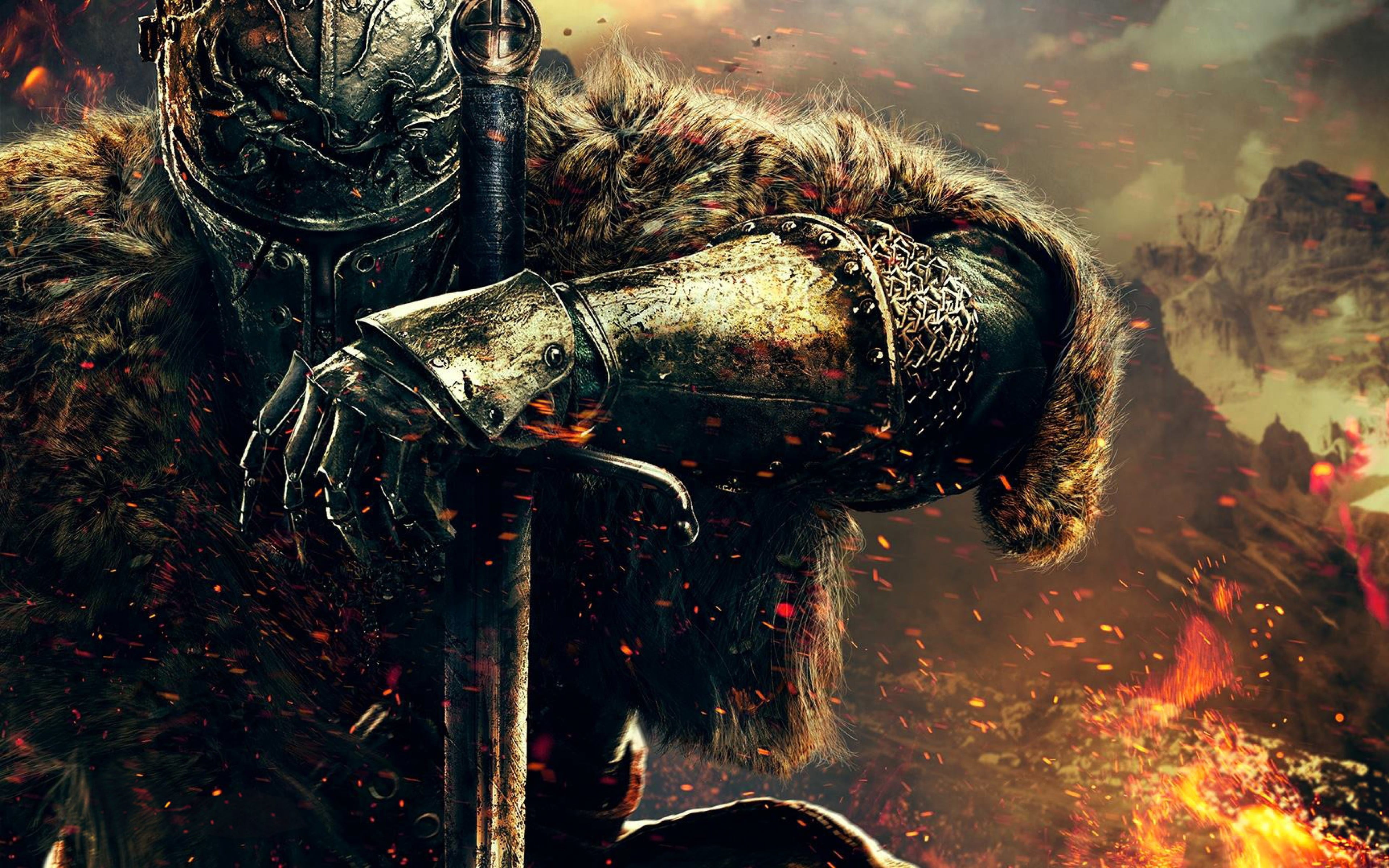 3840x2400 Man wearing helmet leaning on sword digital wallpaper HD wallpaper