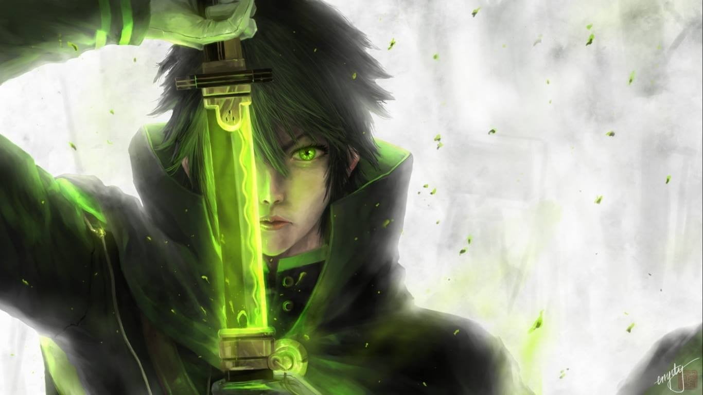 1366x768 Man in collared top yielding sword, warrior, anime, Owari No Seraph HD wallpaper