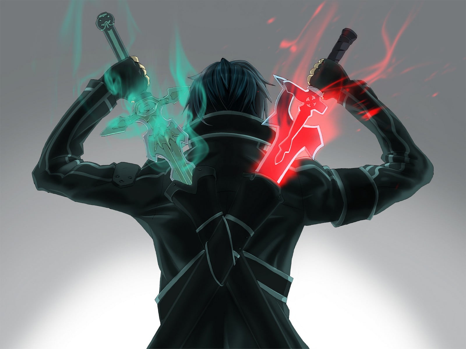 1600x1200 Man with two green and red swords on his back animated photo HD wallpaper