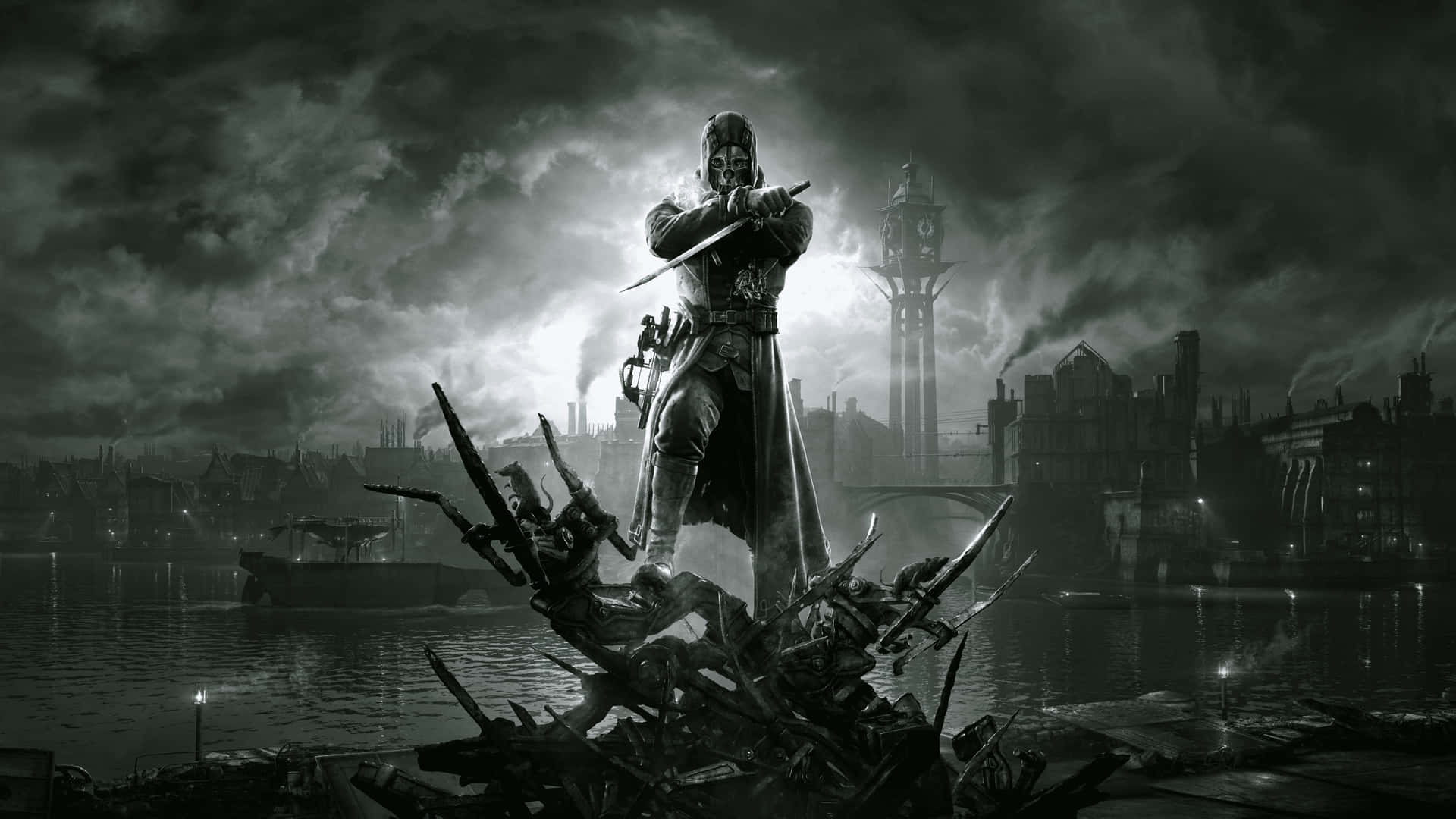 1920x1080 A Man Is Standing On Top Of A City With A Sword Wallpaper