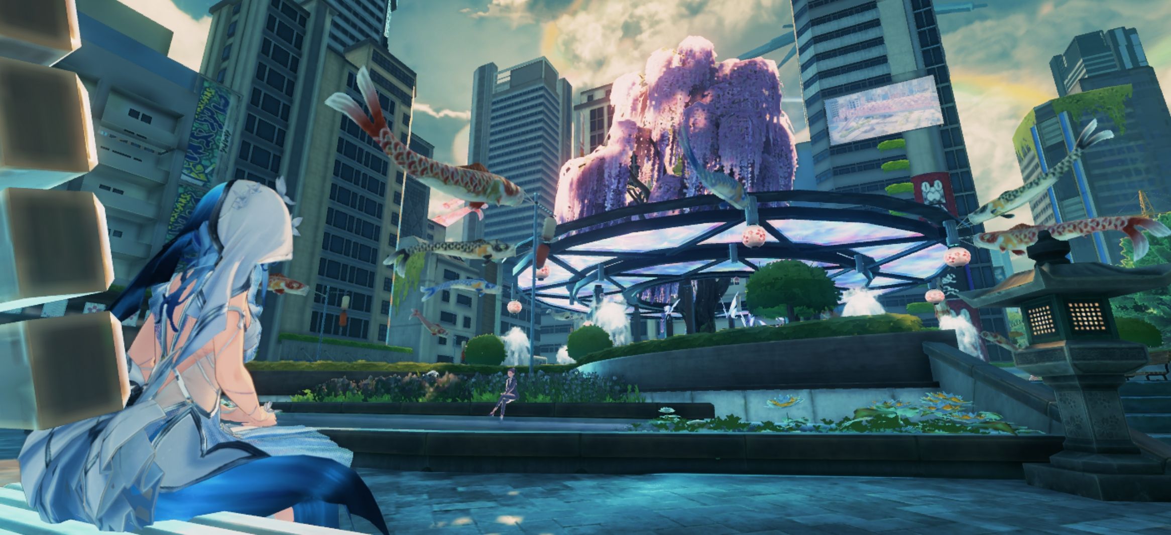 2332x1067 shorekeeper and honami city wallpaper