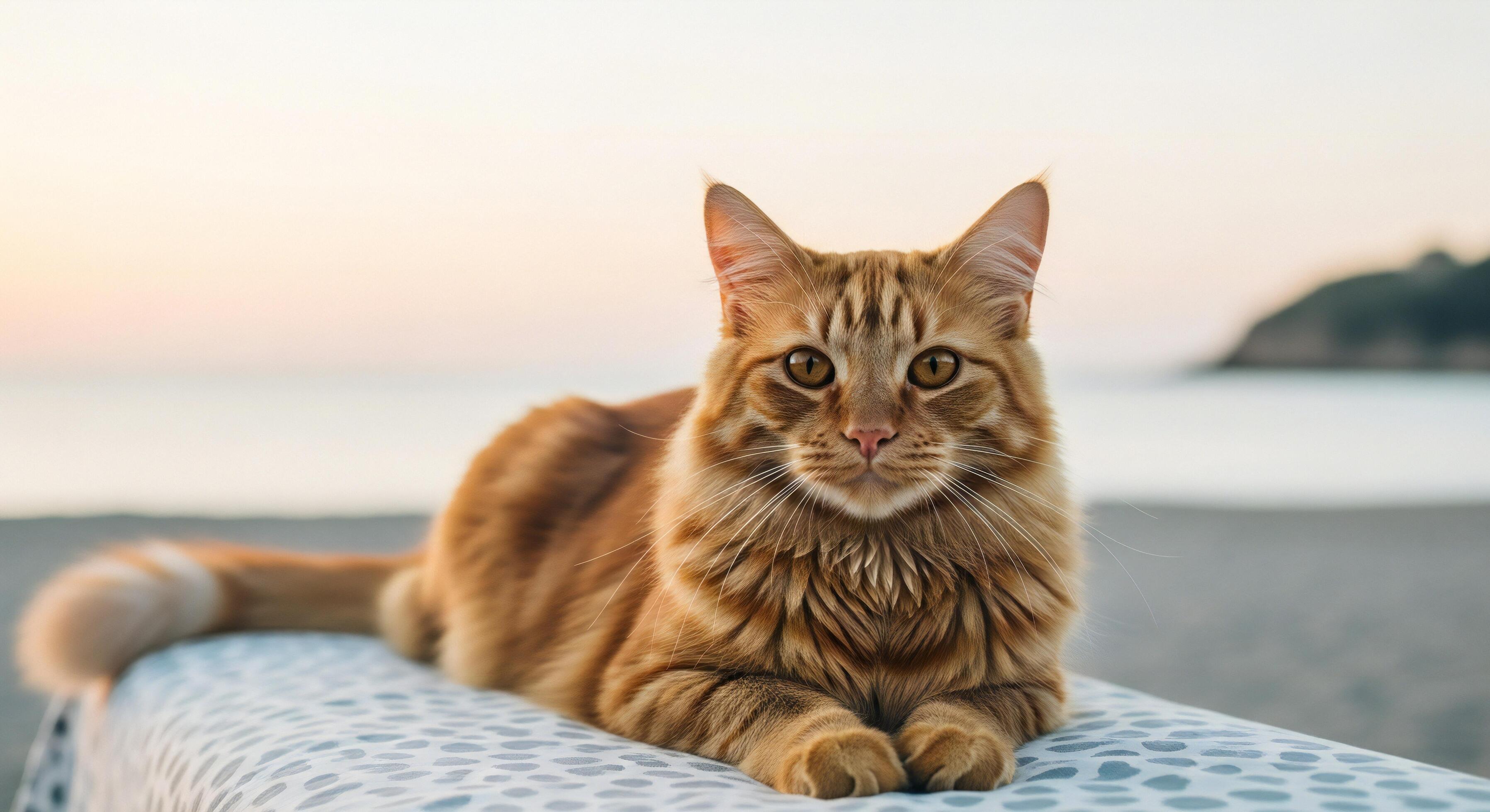 3593x1960 Cat background, Cat wallpaper, An orange tabby cat with striking eyes rests peacefully on a patterned surface with a blurred beach and ocean backdrop