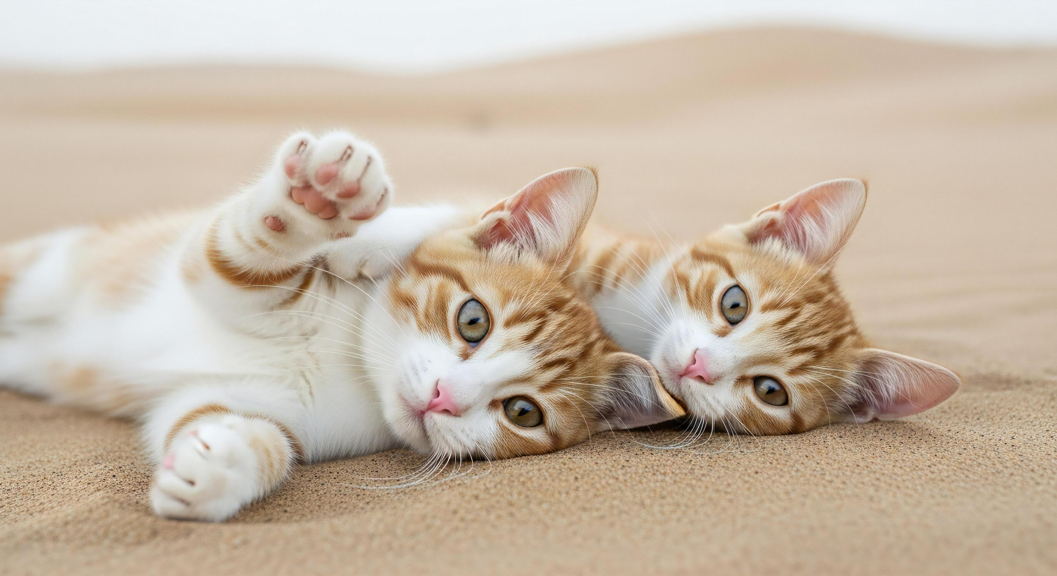 3593x1960 Cat background, Cat wallpaper, Two adorable orange tabby kittens lying on a sandy surface looking towards the camera