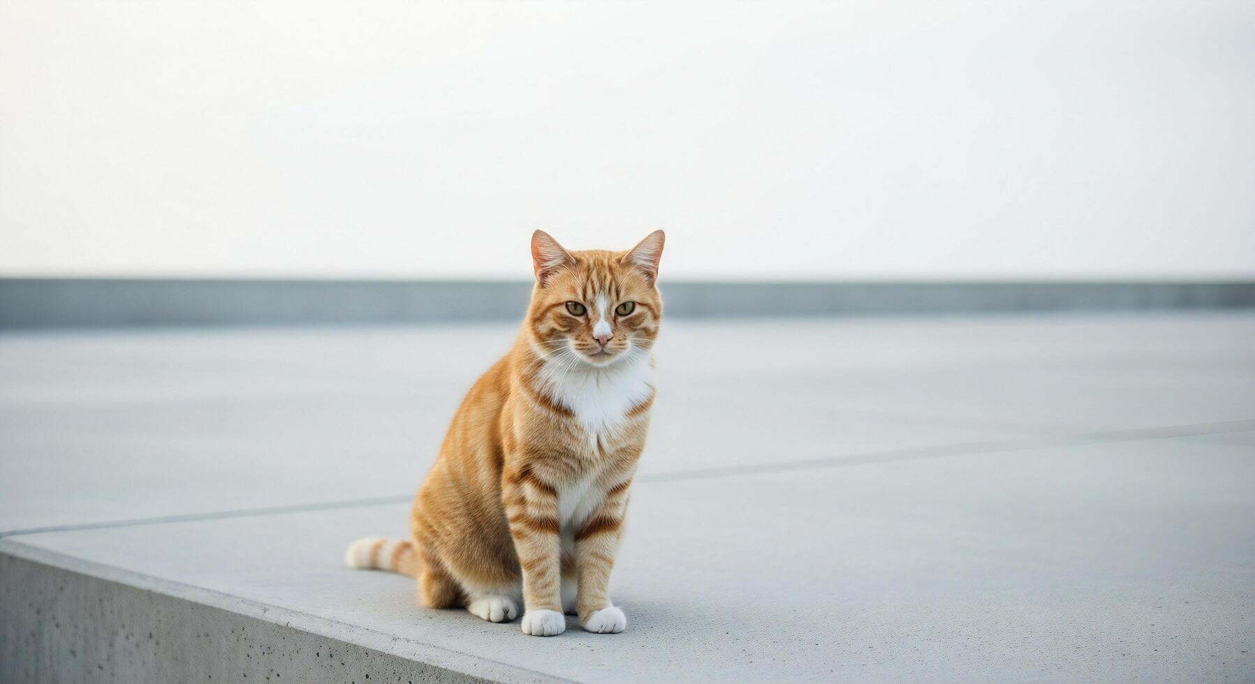1797x980 Cat background, Cat wallpaper, Orange tabby cat with white chest and paws sits on concrete ledge looking forward