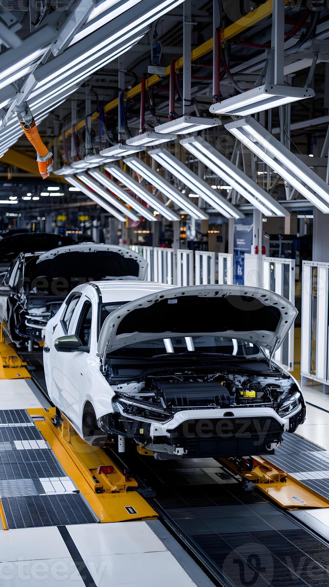 1100x1960 Car factory assembly lines reveal orderly production with vehicles in various stages Vertical Mobile Wallpaper