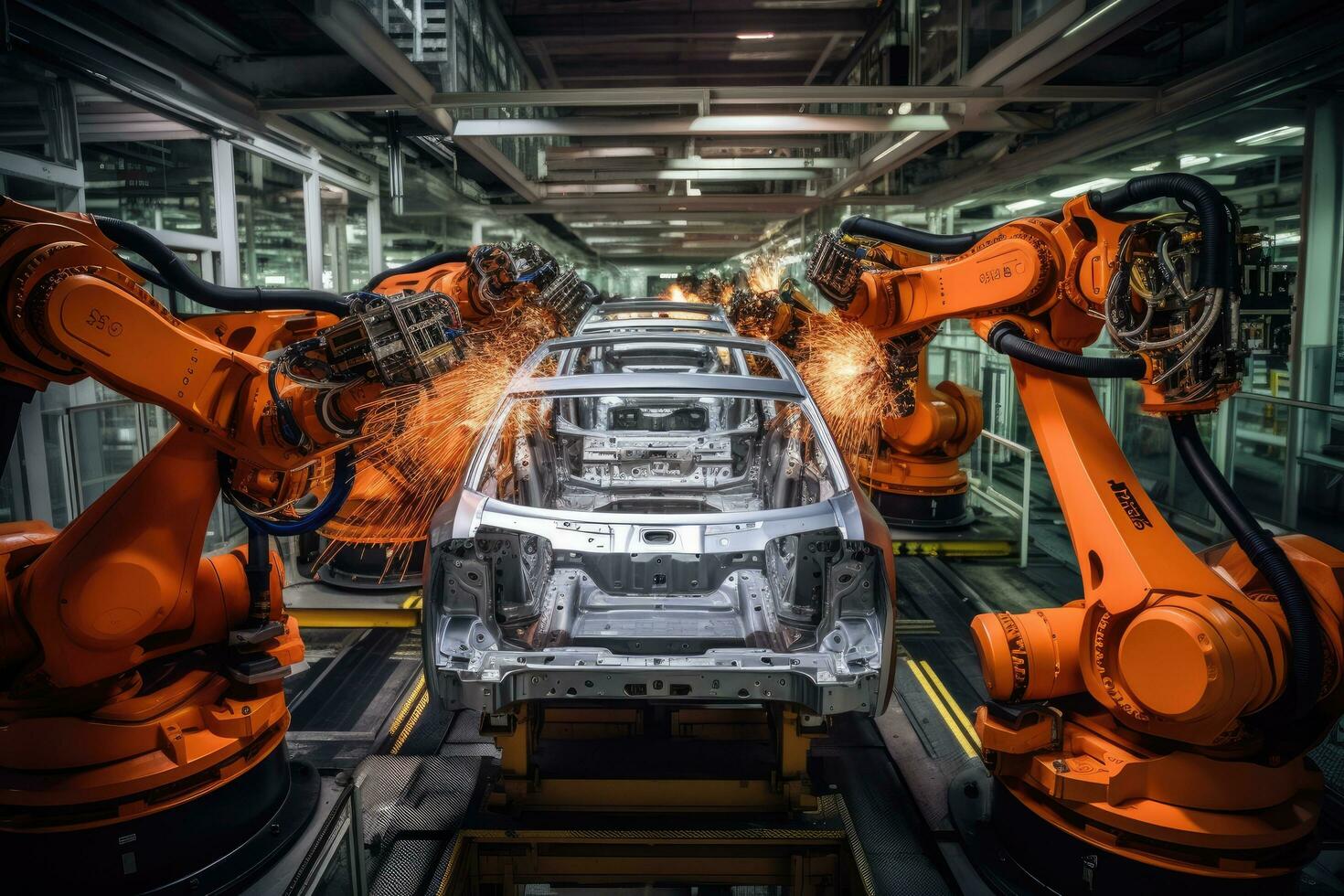 1470x980 Automotive assembly line. Assembly line of automobile factory. Industrial automotive industry, robotic car production line, AI Generated