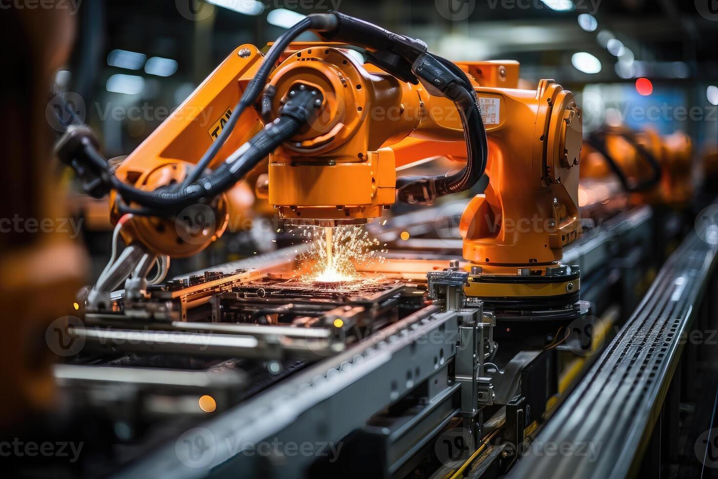 1470x980 Industrial robot arm working. Assembly line in factory
