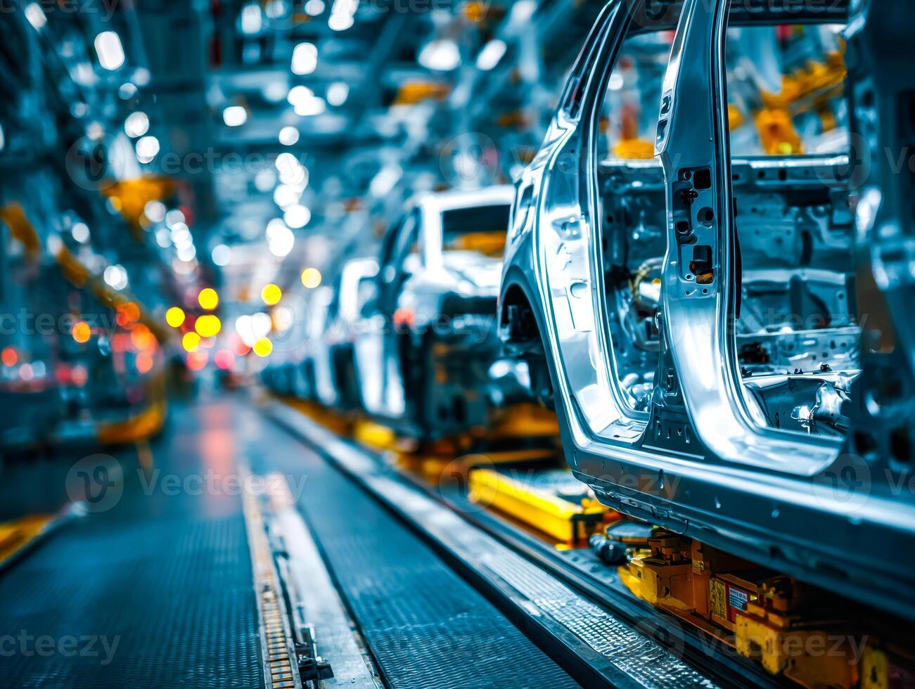 1301x980 Automated assembly line with partially assembled cars in a modern manufacturing facility